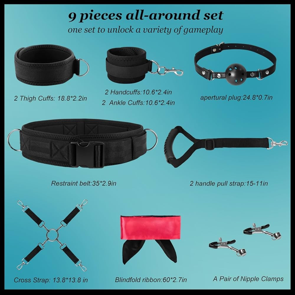 Nine-piece black padded restraint set with waist belt, cuffs, straps, blindfold, ball gag, and clamps