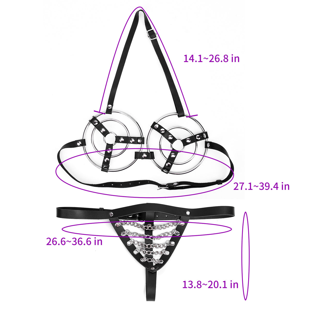 Angled view of black ring harness bra and chain-detail thong worn by model with censor overlays
