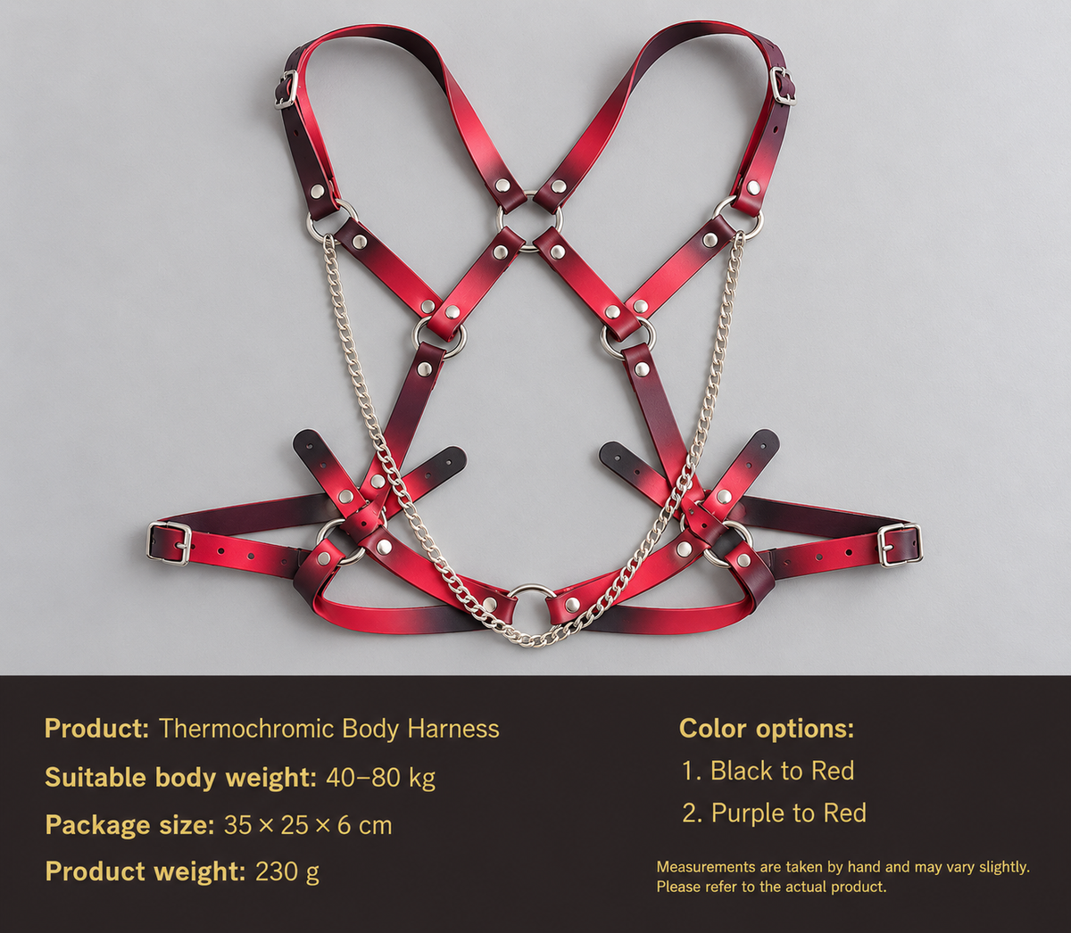 Body harness product information showing colorways black to red and purple to red, suggested body weight 40 to 80 kg and product weight 230 g