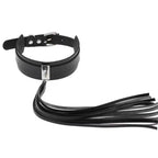 Close-up of black collar with metal front attachment and long tassel worn