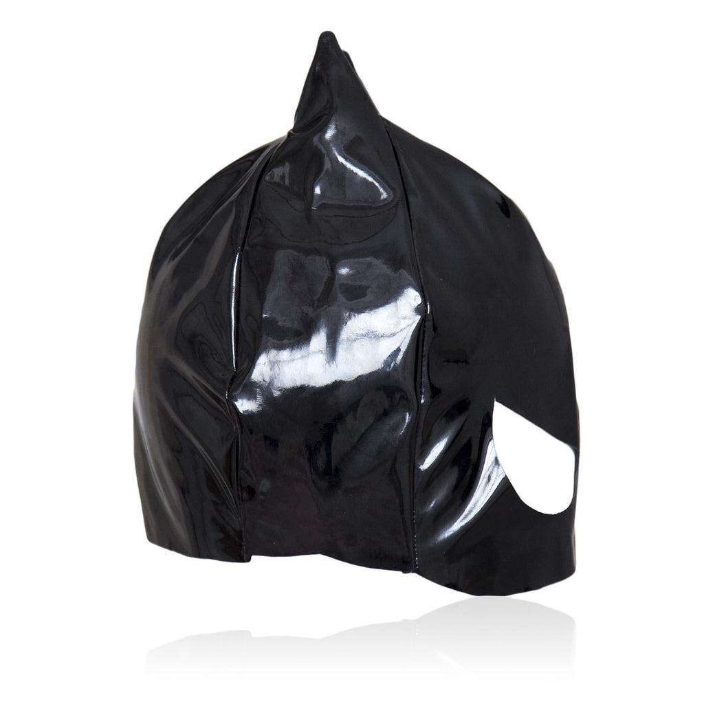Black glossy cat-ear full-head mask displayed on a mannequin