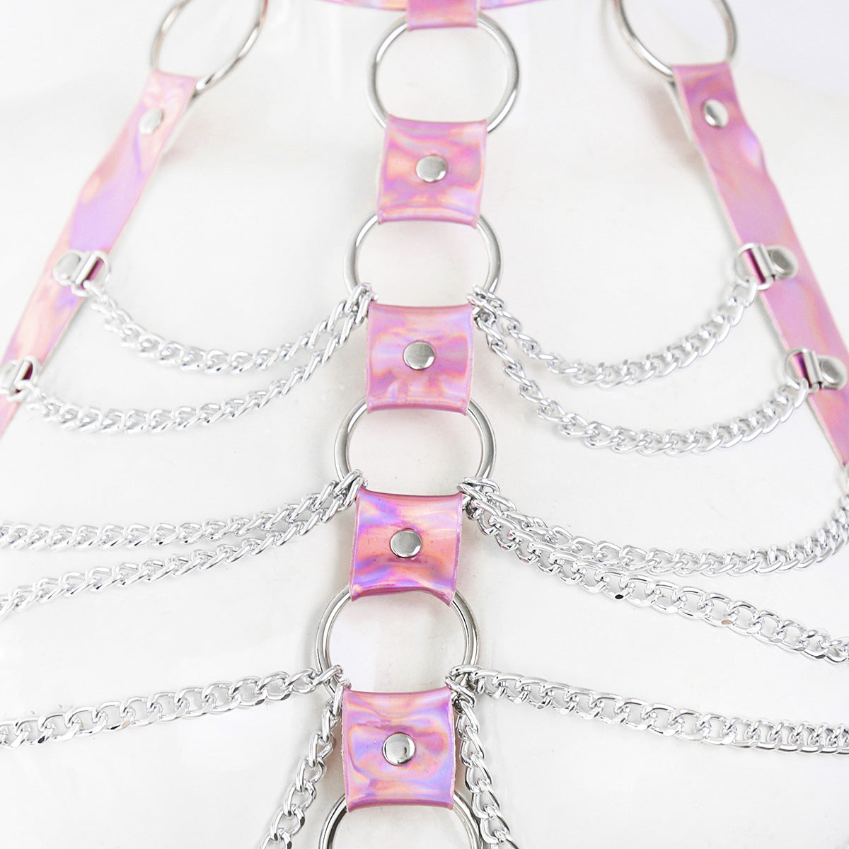 Side view of pink chain-detail collar harness on mannequin