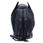 Back view of black puppy play hood showing lace-up closure and upright ears
