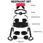 Black padded restraint set components labeled with blindfold, ball gag, clamps, waist belt, straps, and cuffs