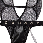 Deep-V Fishnet & Patent Faux Leather Halter Bodysuit - Detail View