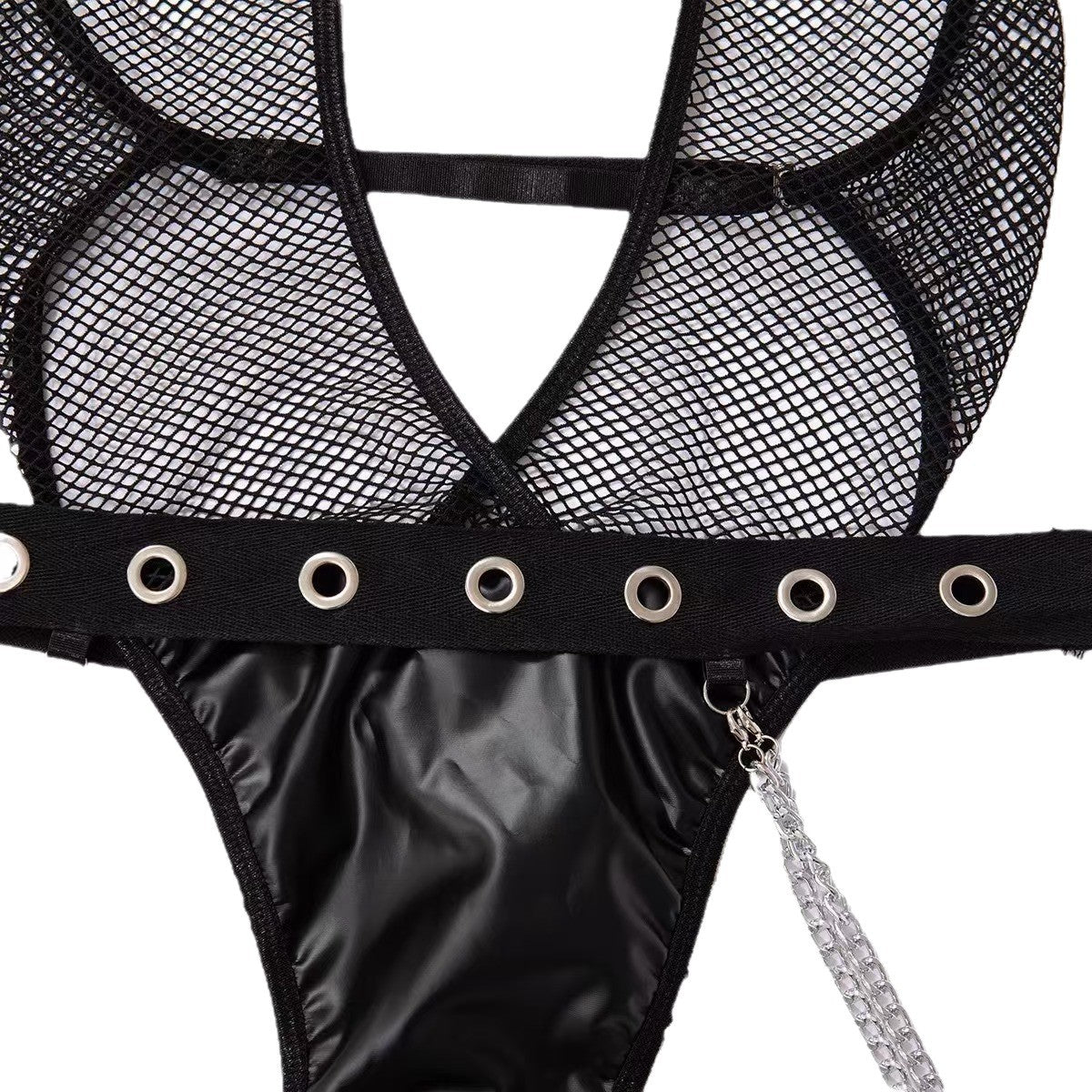 Deep-V Fishnet & Patent Faux Leather Halter Bodysuit - Detail View