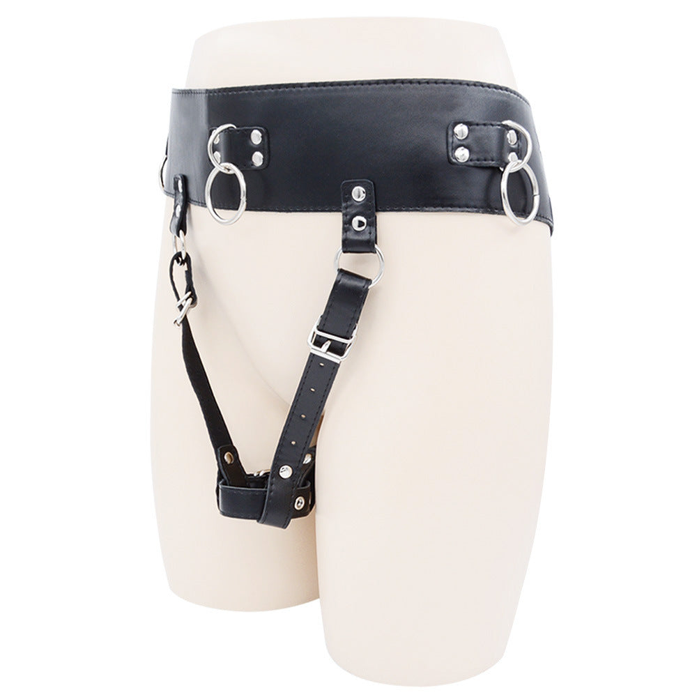 Black ring-detail waist harness with adjustable straps on white background