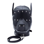 Black puppy play hood with covered eyes, zippered muzzle and matching leash, front view