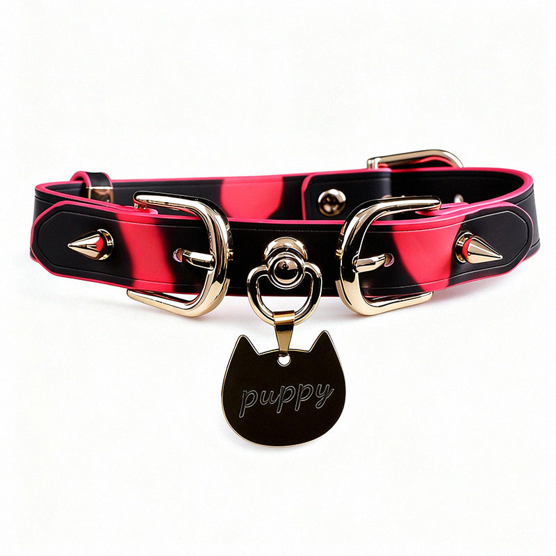 Black and fuchsia heat-responsive puppy tag collar with metal studs