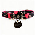 Black and fuchsia heat-responsive puppy tag collar with metal studs