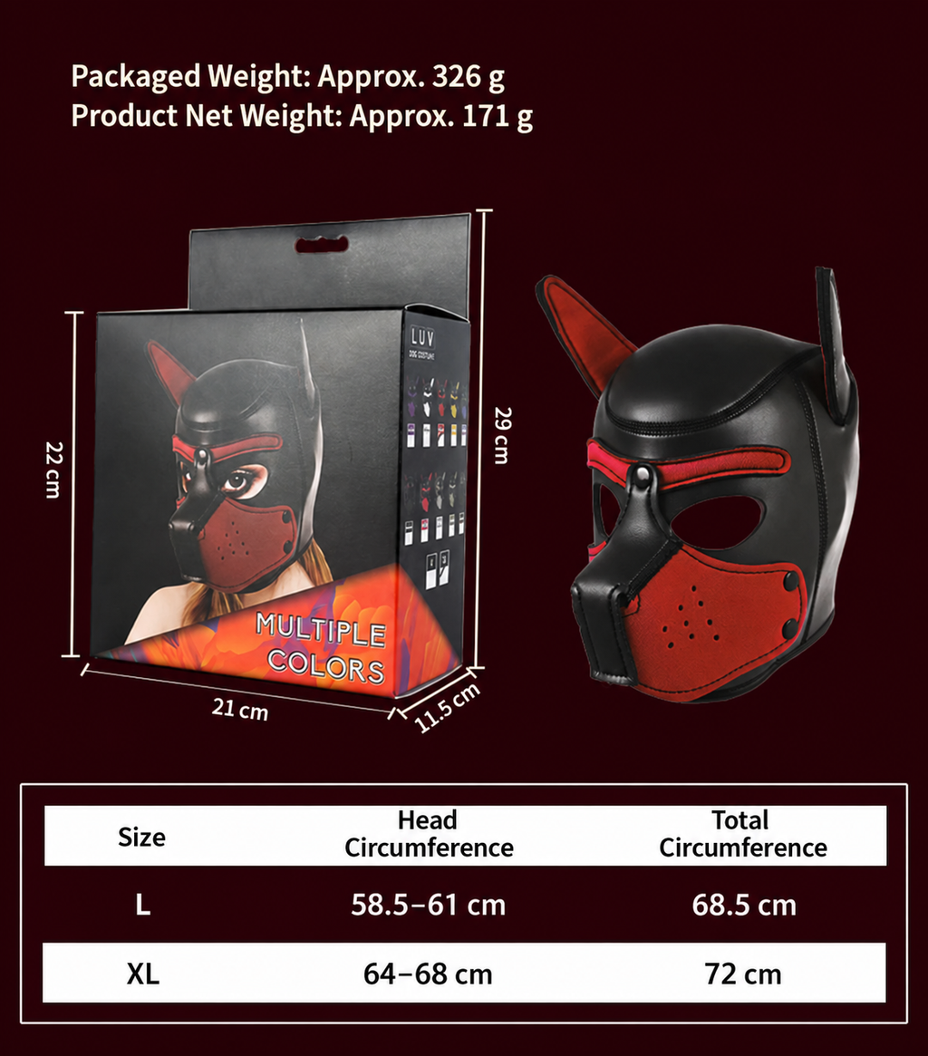 Red and black puppy play hood with detachable muzzle shown separately