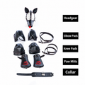 Complete black PU leather puppy play set with hood, elbow pads, knee pads, paw mitts, and collar