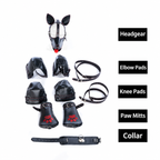 Complete black PU leather puppy play set with hood, elbow pads, knee pads, paw mitts, and collar