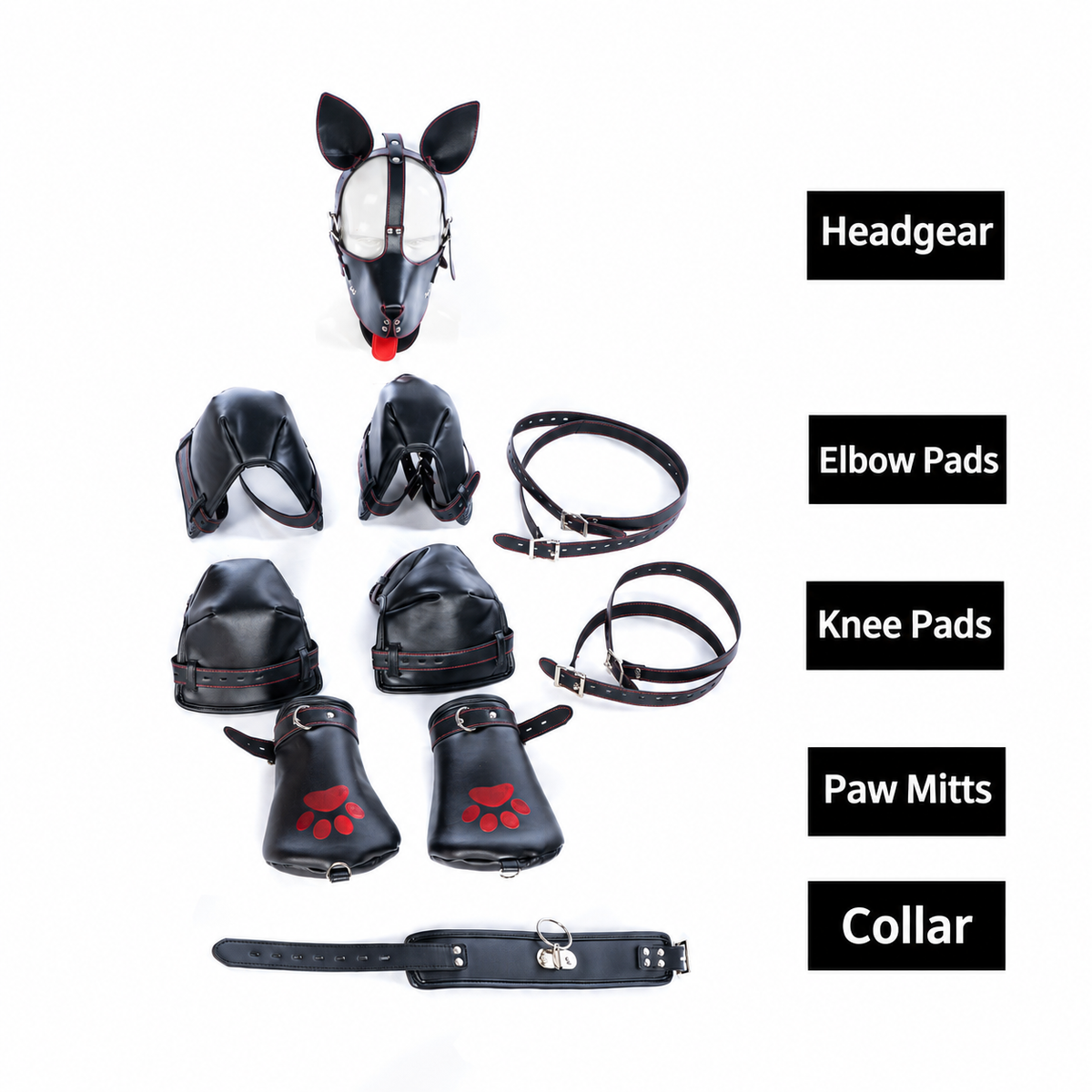 Complete black PU leather puppy play set with hood, elbow pads, knee pads, paw mitts, and collar