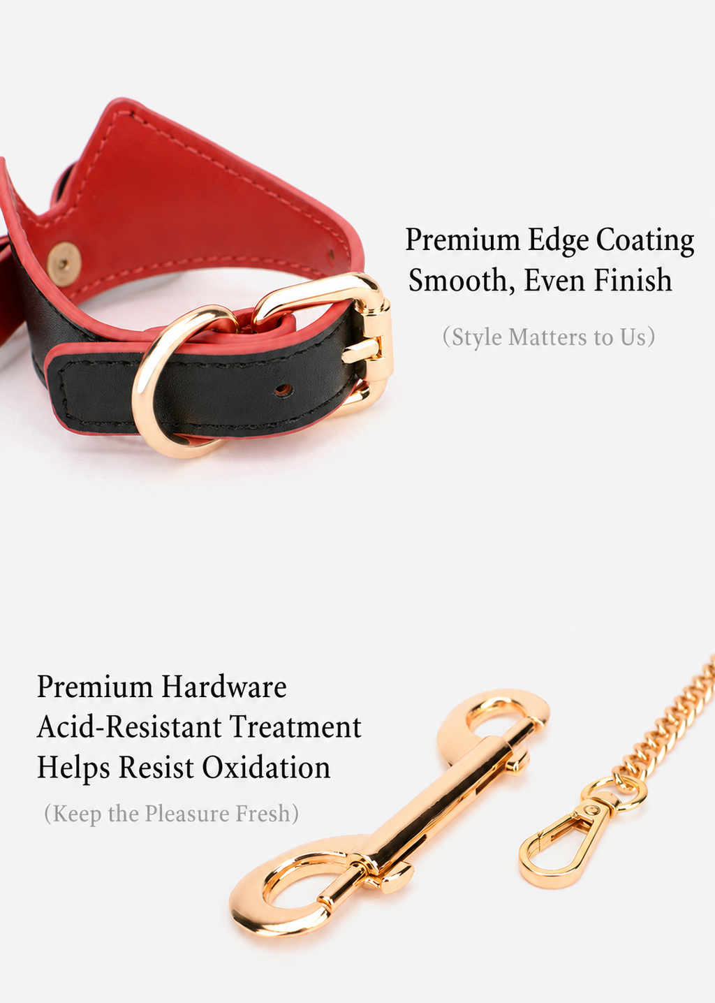 Close-up of smooth edge coating and polished gold-tone hardware