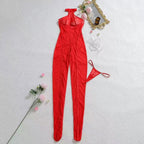 Sheer Mesh Halter Neck Full-Length Catsuit - Red Front Kneeling View