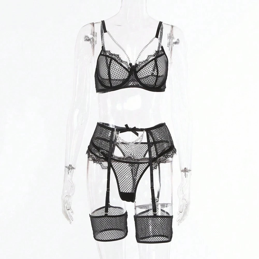 4-Piece Lace Mesh Gold Chain Lingerie Set - Black Model Side