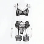 4-Piece Lace Mesh Gold Chain Lingerie Set - Black Model Side