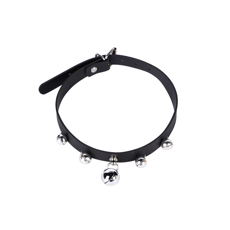 Back view of black bell collar with adjustable buckle and sizing holes
