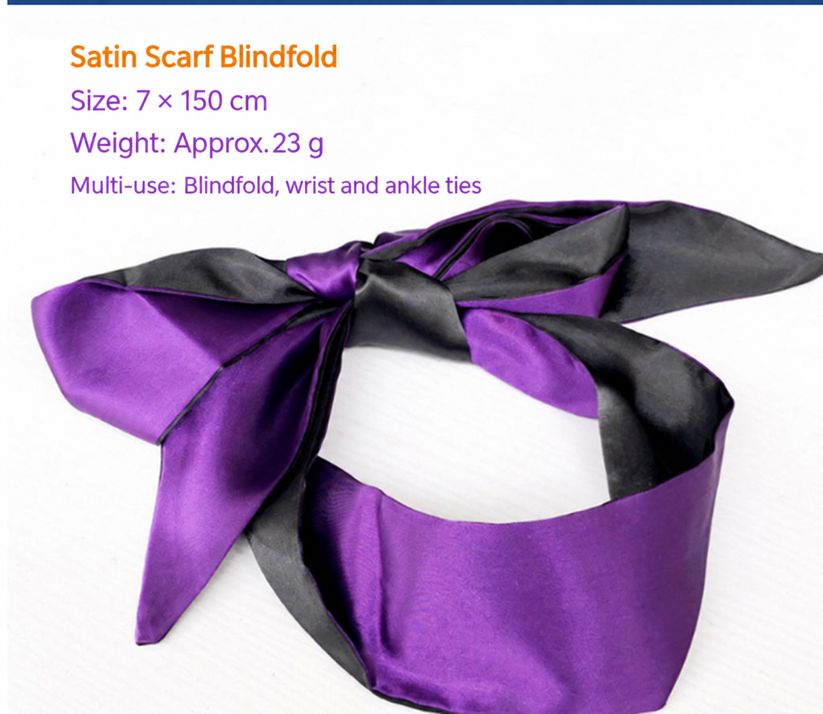 Purple and black satin scarf blindfold measuring 7 by 150 centimeters