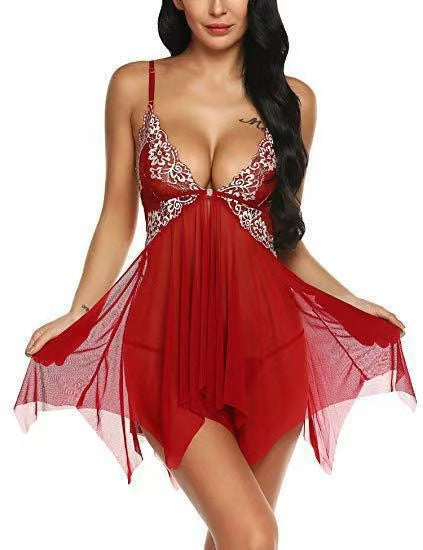 Lace Mesh Babydoll Dress - Red Front View