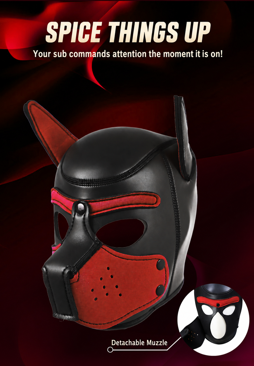 Close-up of stitching, eye trim and ventilation holes on puppy play hood