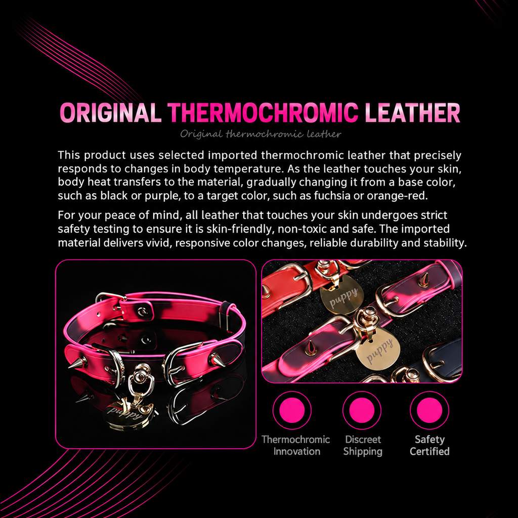 Side view of thermochromic puppy tag collar showing pink color change