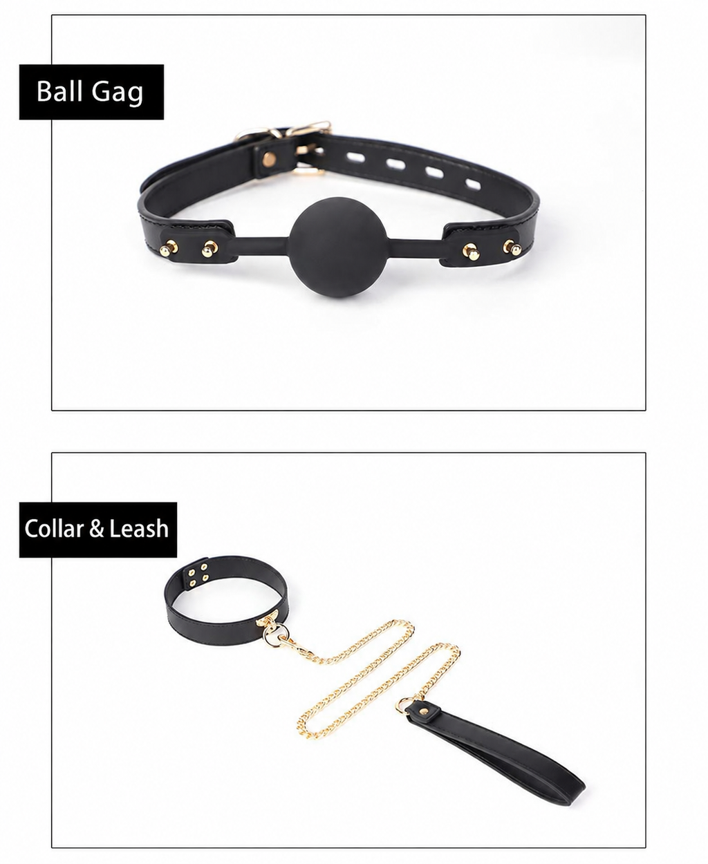 Black adjustable ball gag and PU leather collar with gold-tone chain leash