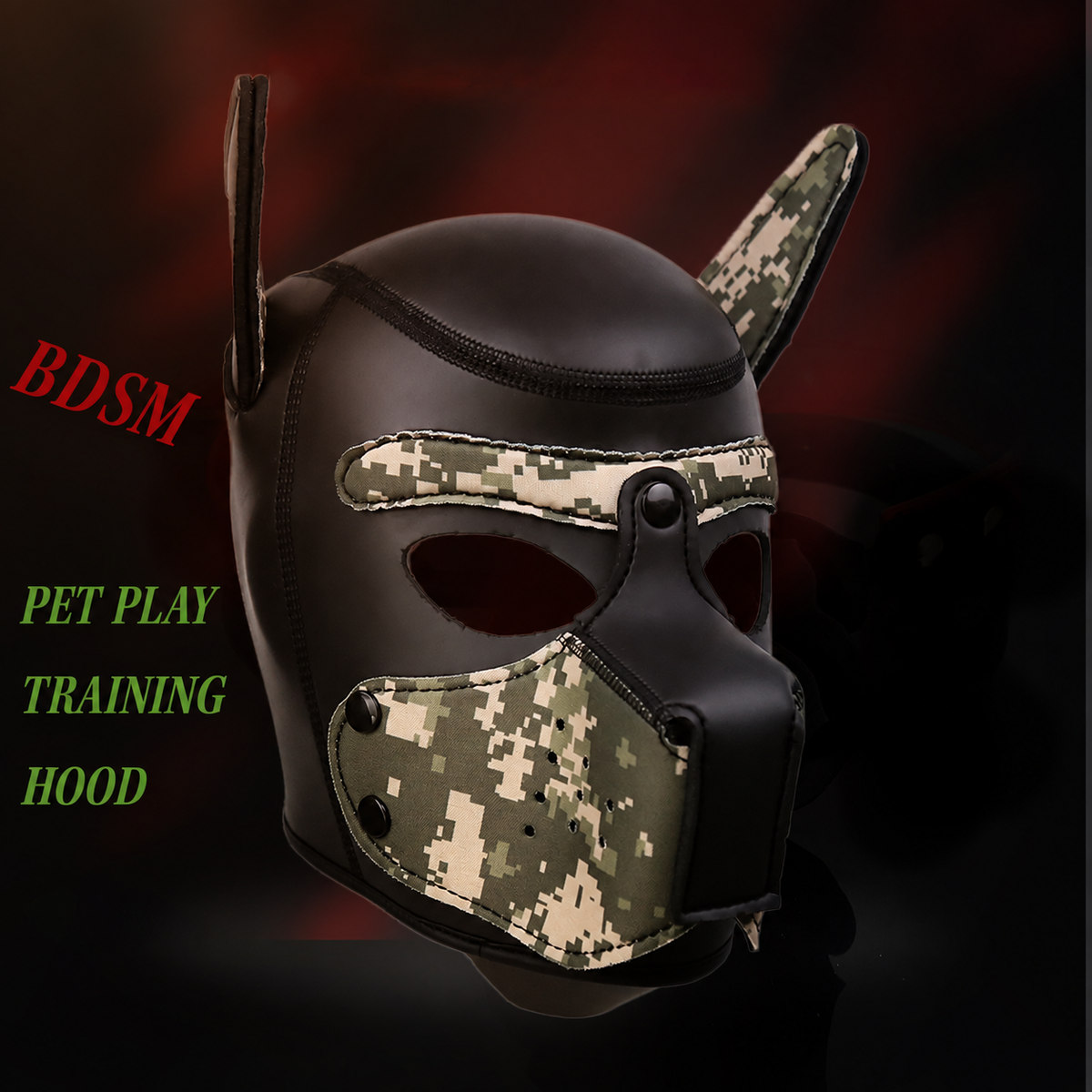 Black puppy play hood with blue accents and detachable muzzle