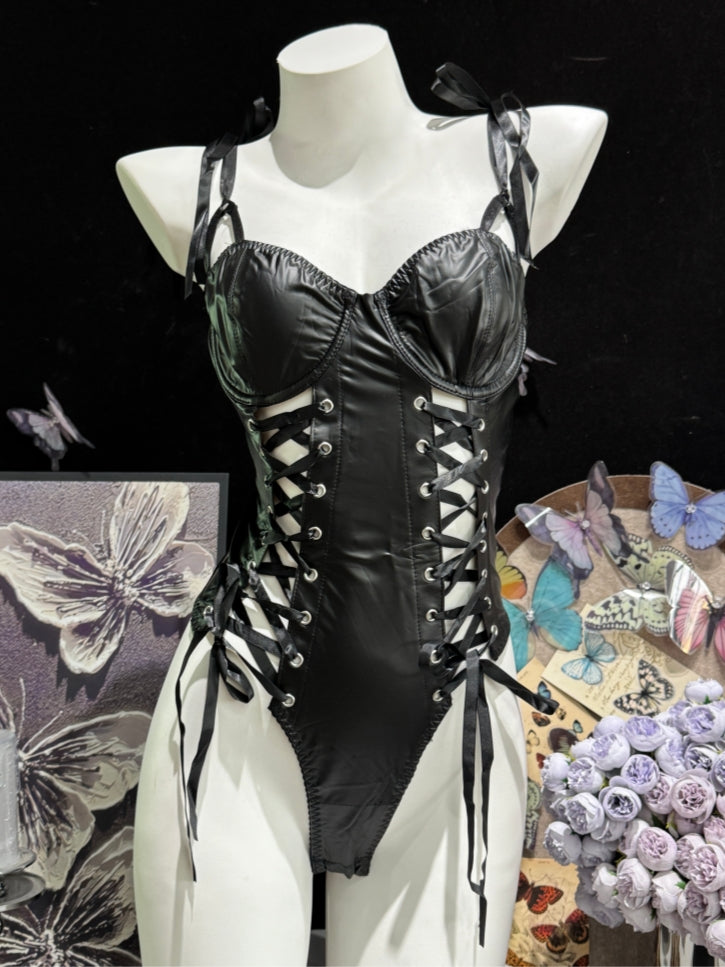 Lace-Up Faux Leather Corset Bodysuit Teddy