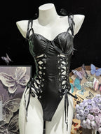 Lace-Up Faux Leather Corset Bodysuit Teddy