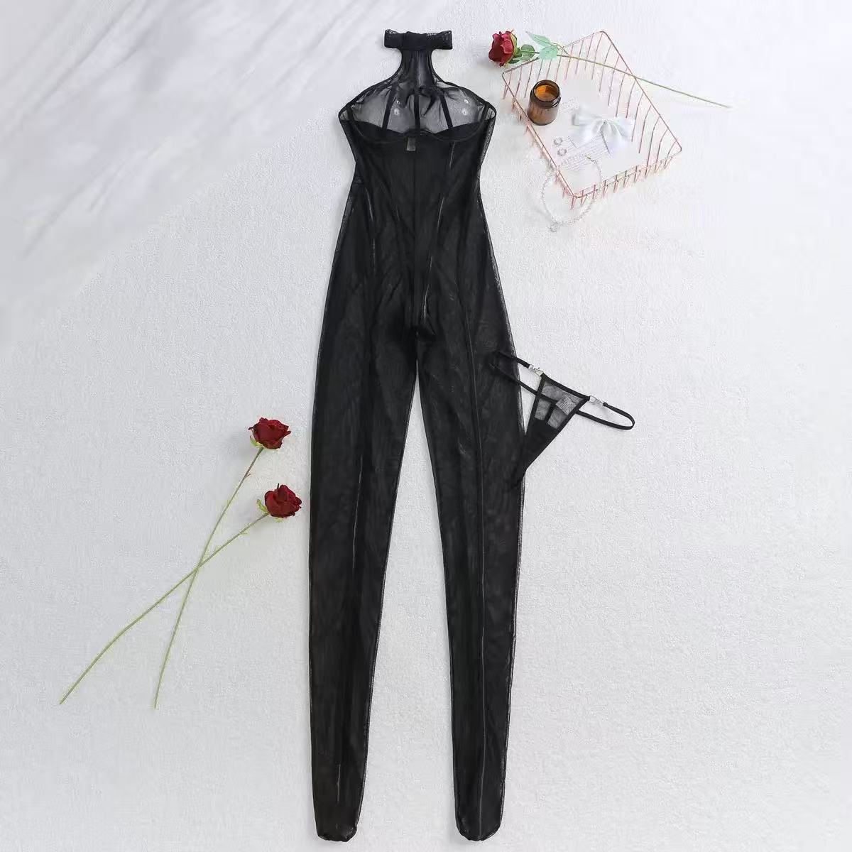 Sheer Mesh Halter Neck Full-Length Catsuit - Black Close-Up Detail
