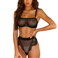 2-Piece Sheer Fishnet & Eyelash Lace High-Waist Lingerie Set in Black - Front View
