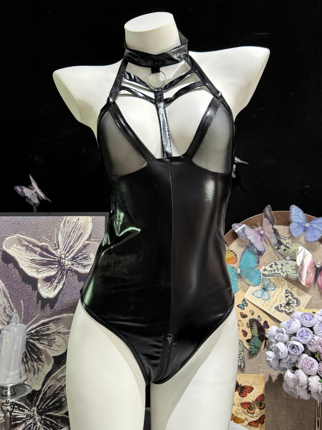 O-Ring Choker Caged Patent Leather Bodysuit Teddy
