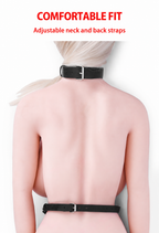Harness bra measurement image showing neck 11.4 to 19.3 inches, underbust 25.6 to 36.2 inches and vertical span 9.8 inches