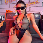 Deep-V Fishnet & Patent Faux Leather Halter Bodysuit - Styled View