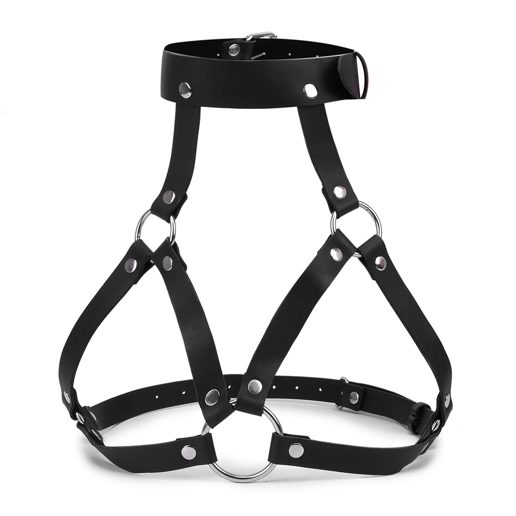 Black open-cup harness bra with adjustable collar, silver-tone rings and back straps
