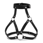 Black open-cup harness bra with adjustable collar, silver-tone rings and back straps