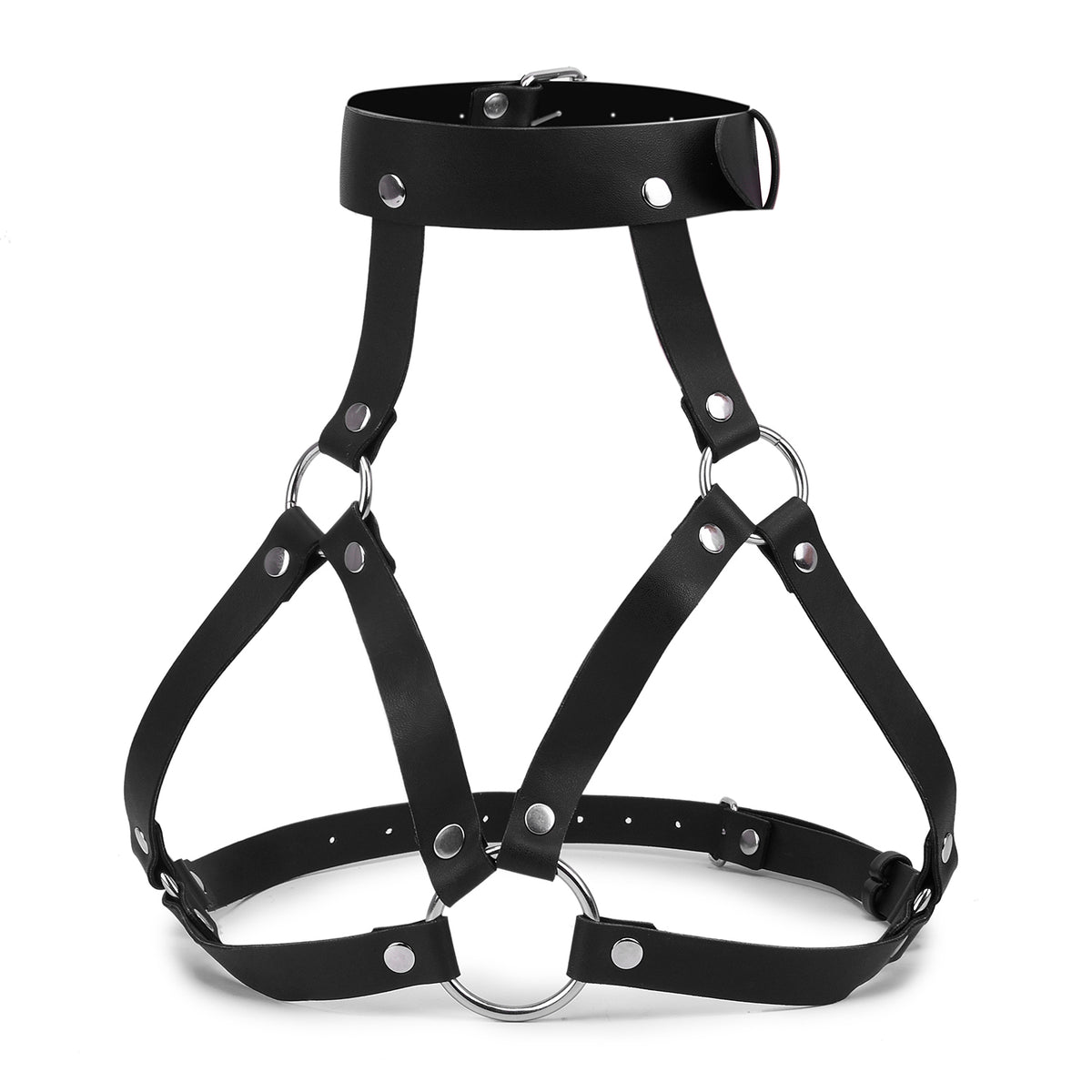 Black open-cup harness bra with adjustable collar, silver-tone rings and back straps
