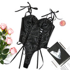 Lace-Up Faux Leather Corset Bodysuit Teddy