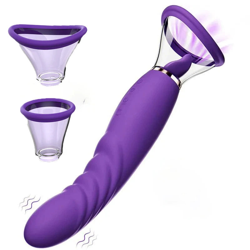 3-in-1 Tongue Licking and Vacuum Suction Vibrating Wand with Interchangeable Cups