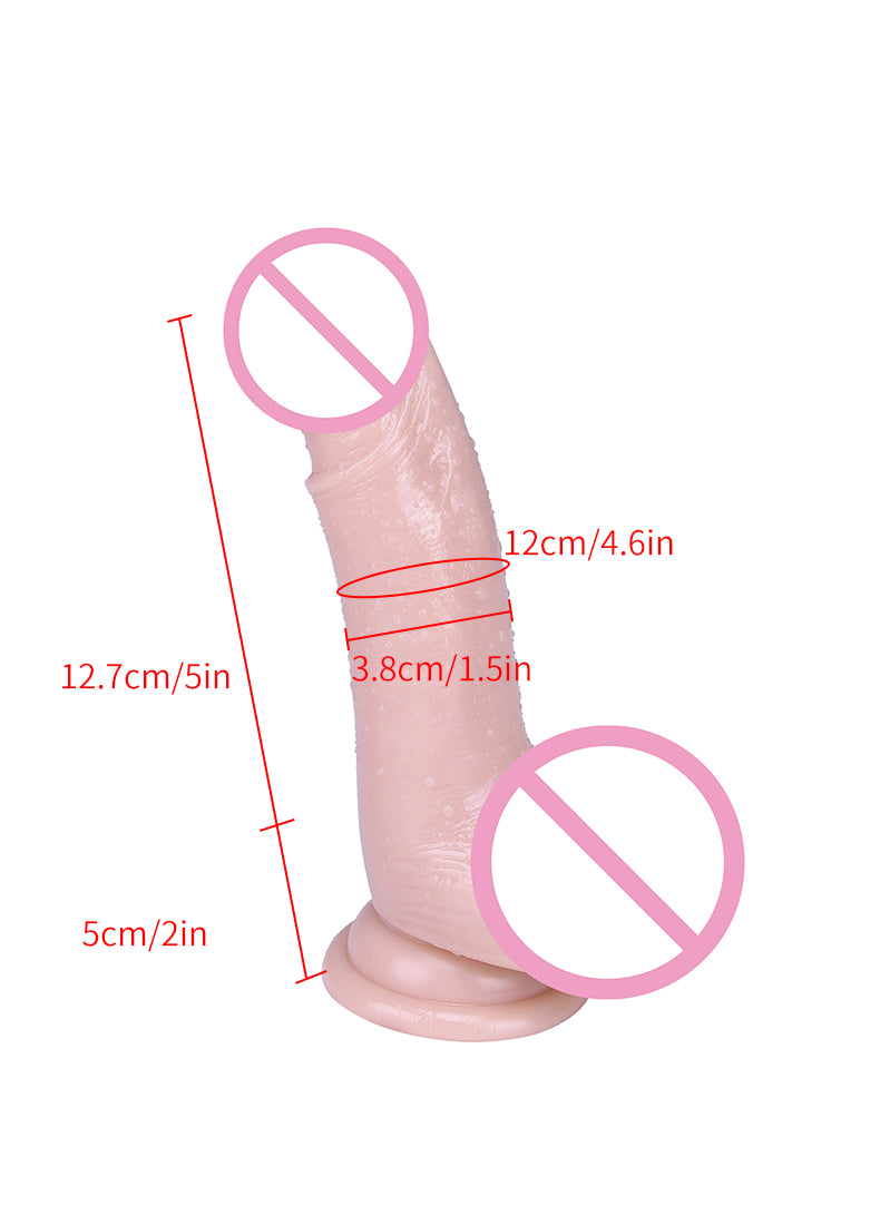 Flesh-tone curved suction-cup dildo shown horizontally with pink censorship overlays