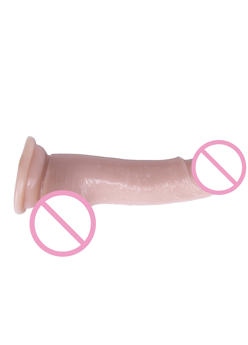 Flesh-tone suction-cup dildo shown upright with pink censorship overlays