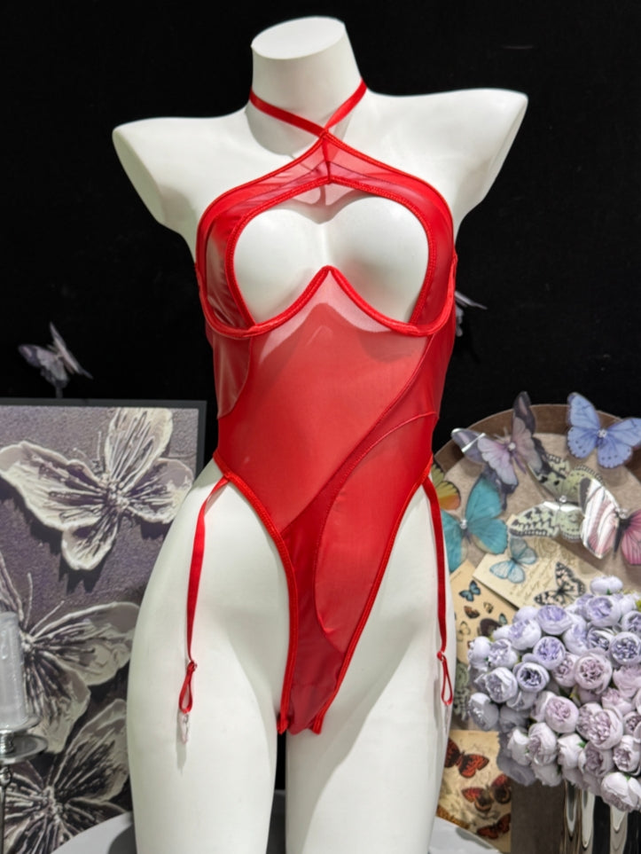 Cross Halter Cutout Sheer Mesh & Faux Leather Teddy Bodysuit
