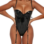 Wet-Look Patent Faux Leather Bustier Teddy Bodysuit with Garter Straps