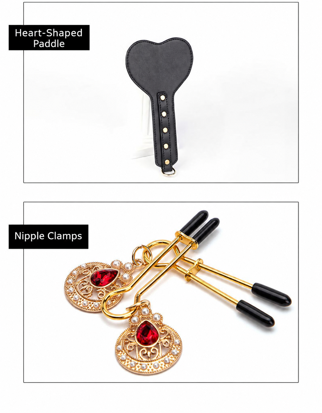 Black heart-shaped paddle and gold-tone jeweled nipple clamps