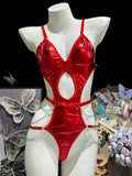 Black Patent Leather Cutout Bodysuit with Chains - Mannequin Display
