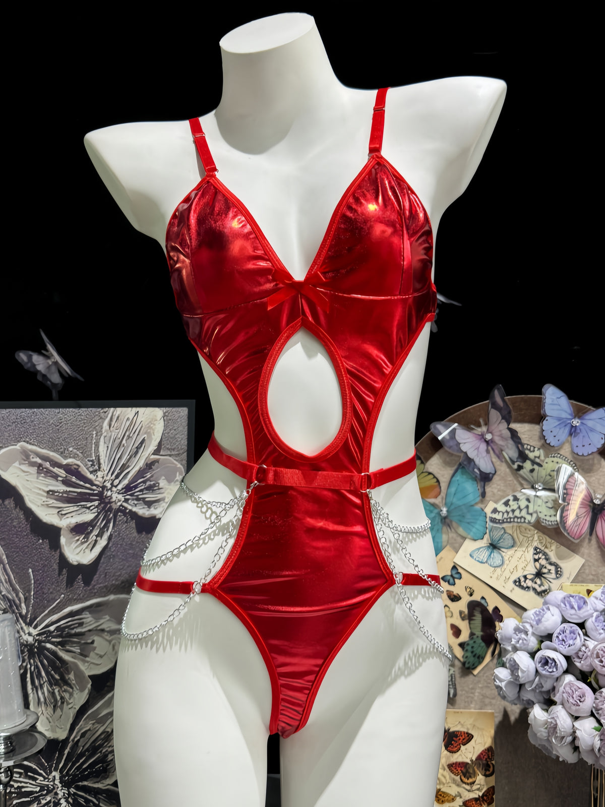 Black Patent Leather Cutout Bodysuit with Chains - Mannequin Display