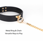 Black PU leather collar with gold-tone metal ring and chain