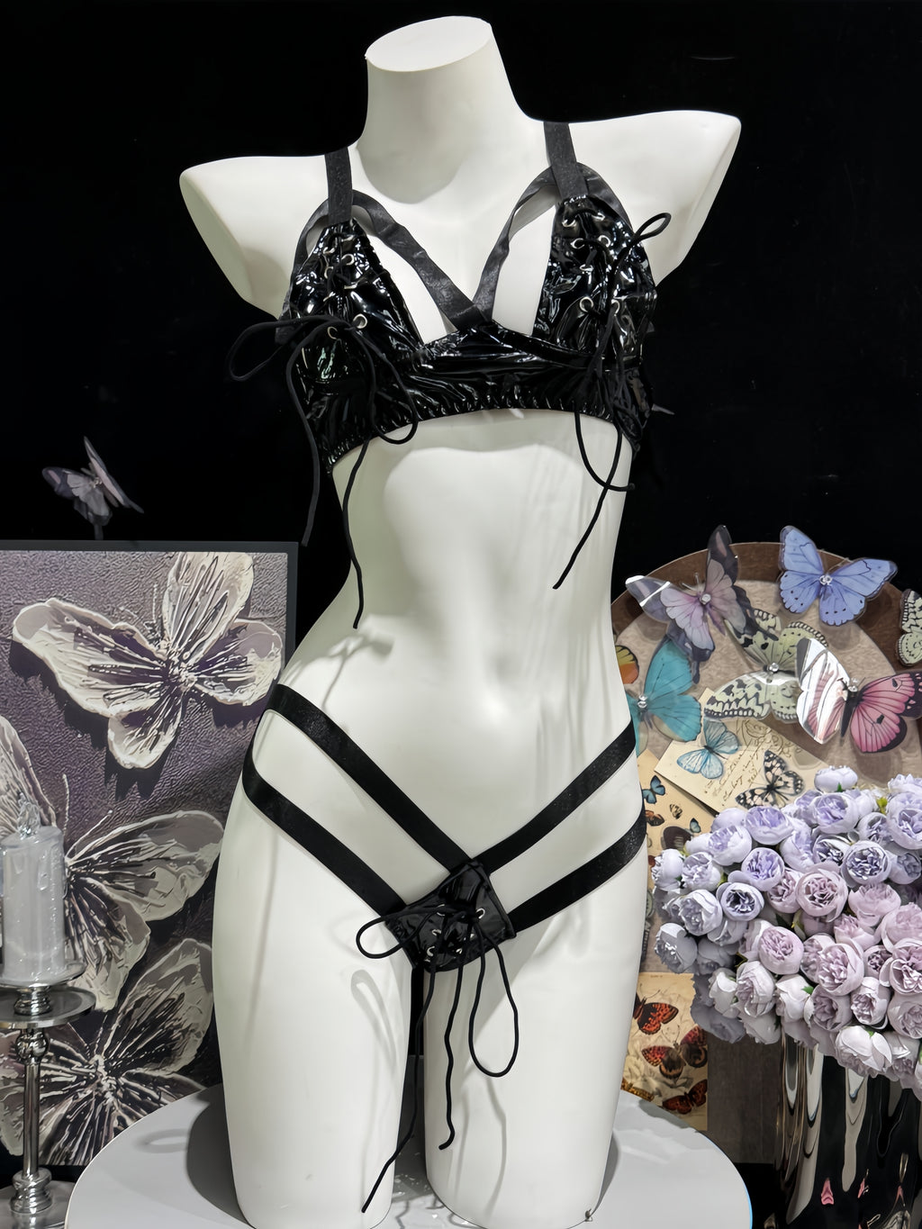 Mirror-Finish Patent Leather 3-Piece Bikini Lingerie Set - Lace-Up Cutout Bra, Strappy Thong & Gloves